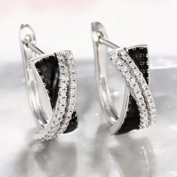 Silver Plated Black Diamond Embellished Earrings - Picture 3 of 7